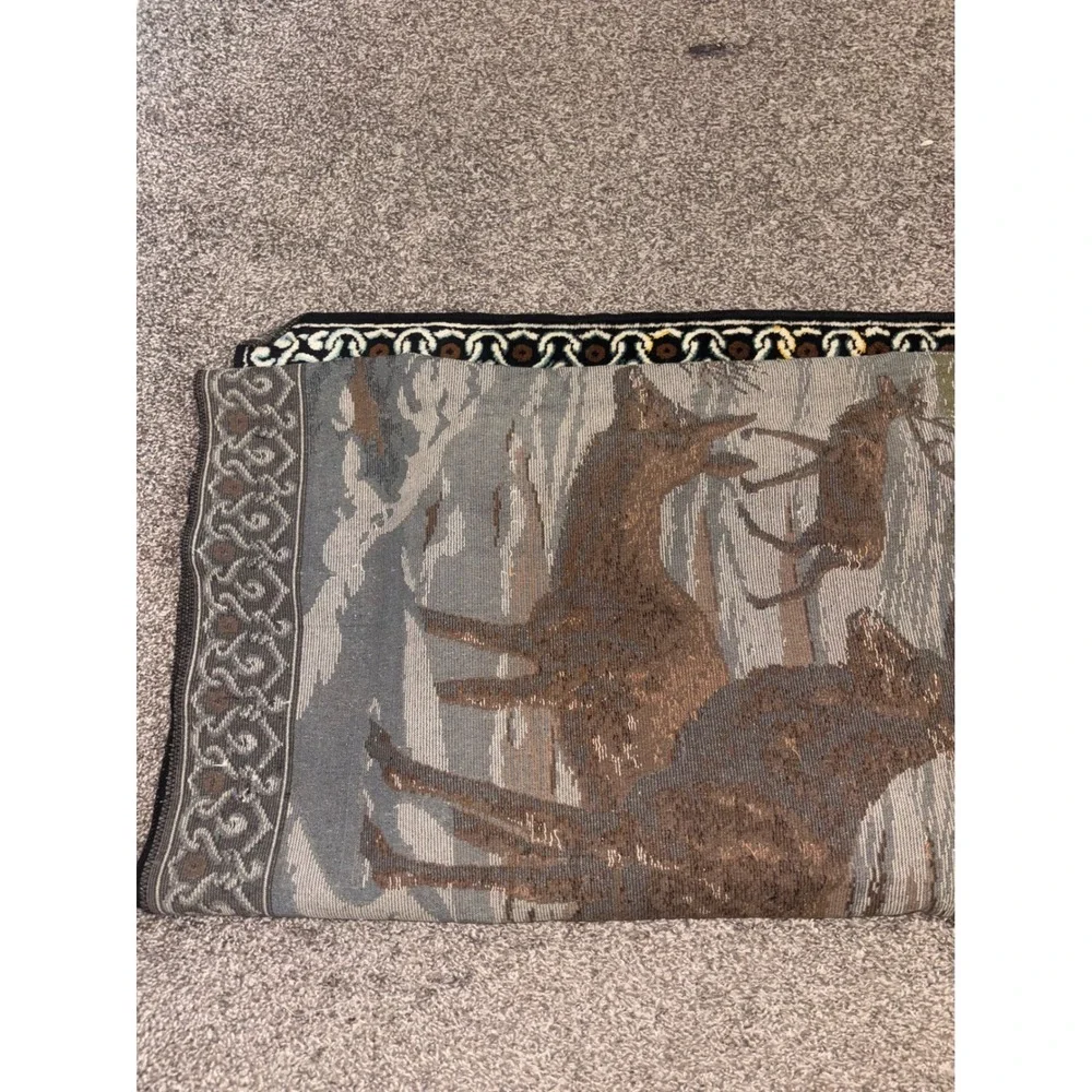 Vtg Velvet Deer Forest Winter Scene Wall Tapestry Hanging XL 75x50 Rustic Cabin